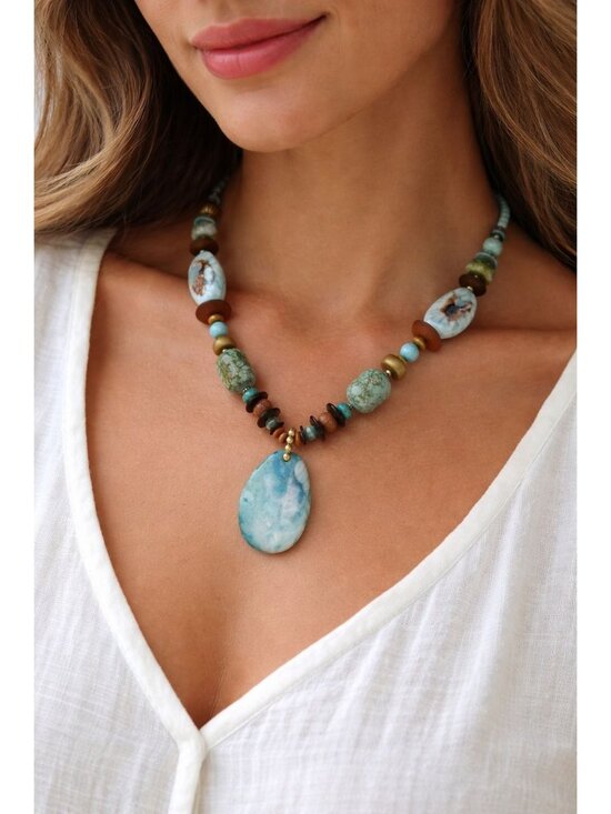 Handcrafted Other - Boho Turquoise Chunky Necklace Stone Pendant Ceramic Bead Adjustable 26in